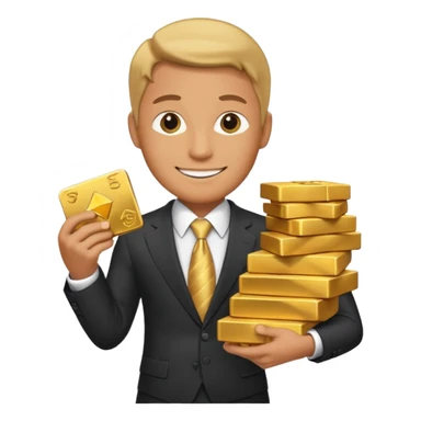 billionaire character wearing a suit and tie with a confident smile holding a stack of money or gold sticker