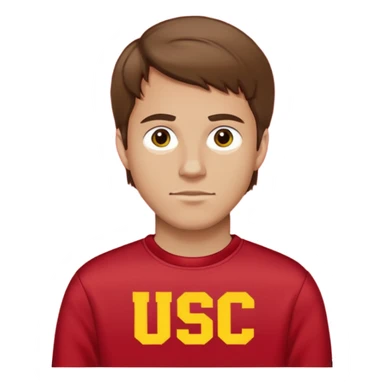 white man with brown hair in a red sweatshirt with USC in yellow letters sticker
