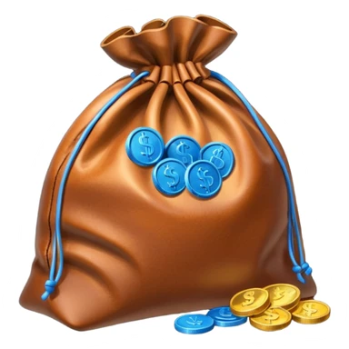 brown money bag with blue coins inside sticker