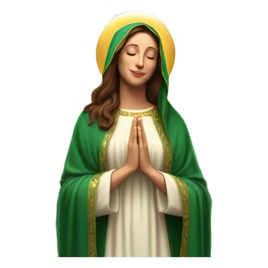 Virgin Mary: kind face looking down at the left, long brown hair, Wearing an emerald green  robe with gold stars and a burgundy red dress,  Hands in prayer or blessing. Halo around her head. standing in front of a big sun. colorful roses on the sides  sticker