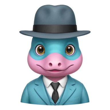 cute light blue turqiouse platypus head, mysterious with very big eyes with a detective hat and monocle on his eye, no  hands, looks like a platypus but blue, the hat and suit are pink sticker