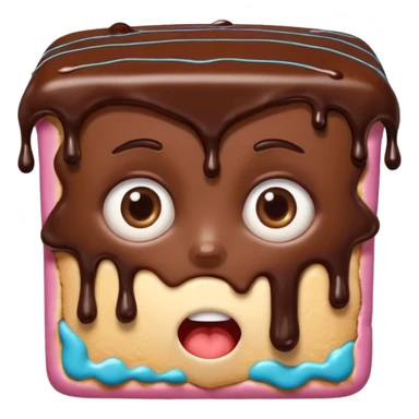 Rectangular chocolate mini pastry, slightly messy, wide shocked eyes, open mouth, chocolate dripping, text above: "ПАСТИЧКА", chibi style, Twitch emoji style, transparent background, colorful

 sticker
