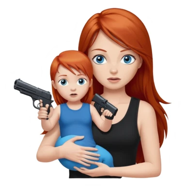 A red head with long straight hair, she has blue eyes with big boobs. She’s wearing a black tank top and holding a gun up in one hand and a baby boy with blue eyes sucking on one of her boobs in the other arm sticker