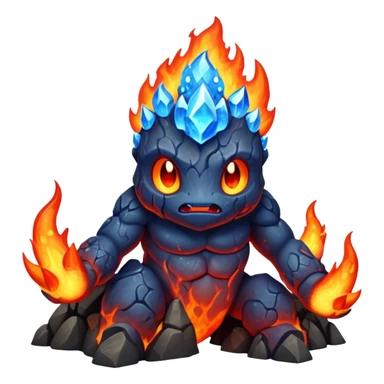 a mystical fast lava creature without arms with molten lava on its head and some rocky shoulders, full body, fire crystals, blue flames, no background sticker
