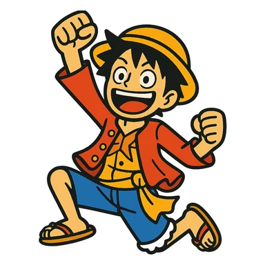 Luffy jumping in the air, excited facial expression, raised fist, vibrant toon style sticker