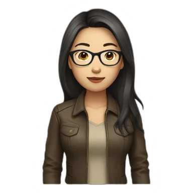 asian girl with glasses and a leather jacket with a  khaki shirt and long dark hair sticker