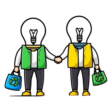 a lightbulb and a battery holding hands, each with recycling bags, walking to recycle sticker