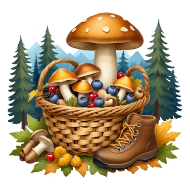 Icon for Mushroom and Berry Tourism: a basket filled with mushrooms chanterelles, boletus and aspen and berries, surrounded by forest elements like trees, leaves and a hiking boots. The icon should capture the joy of foraging in nature. Transparent background. sticker