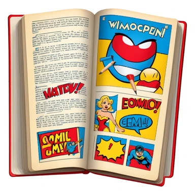 Create a vibrant emoji representing comic books and graphic novels as an art form. The design should feature a large, open comic book with vintage comic panels on the pages. Include a pencil (without a hand) gently writing text or sketching on the pages. The comic panels should have bold lines and retro-style artwork with classic comic book visuals. Use bright, energetic colors like red, yellow, and blue to evoke excitement and creativity. The overall design should feel dynamic, vintage, and artistic. Make the background transparent. sticker