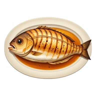 create a Whole good brownish Grilled Fish Camera angle: slightly elevated top-down view with a gentle bird’s-eye perspective (about 15–20°), identical perspective and scaled do not add anything on plate

 sticker