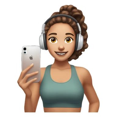 girl with brown hair and brown eyes, fit, in AirPods Max headphones takes a selfie in the mirror of the gym sticker