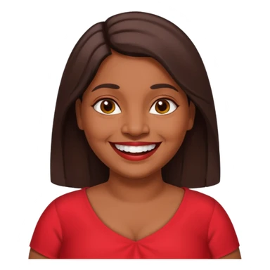 50 yr old chubby Sri Lankan woman, dark skin, straight brown hair, big smile, white teeth, red dress clothes, shoulder length hair, longer hair sticker