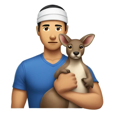 Asian male tough with sweatband holding a kangaroo sticker