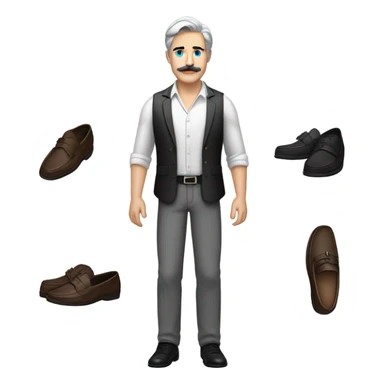 a white man standing  with blue eyes a thick dark brown  moustache, down turned black eyebrows and then dark grey hair he’s wearing an expensive watch and a white shirt and black dressy pants with beige loafers he’s very handsome  sticker