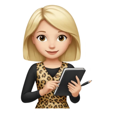 Blond hair girl with a leopard print dress and black leggings smiling holding a note book and a pen sticker