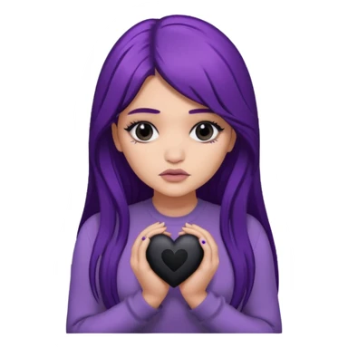 A Kylie Jenner with long purple hair is sad and holds a black heart in her hands sticker