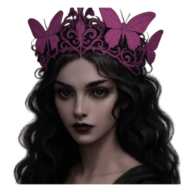 Change the butterfly crown to matte pink with purple butterflies and gothic filigree, mysterious and elegant. Keep the background transparent. sticker