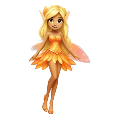 Stella adult latina fairy of nature in her enchantix fairy orange two piece clothing and fairy enchantix wings and long blonde hair from winx club. Small eyes, Lots of sparkles and fairydust. Full body and full fairy bliss sticker