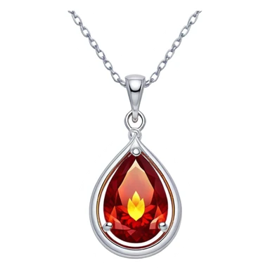 phoenix teardrop ruby pendant, deep red core with yellow ember edges, floating silver chain, pulsing rebirth glow sticker