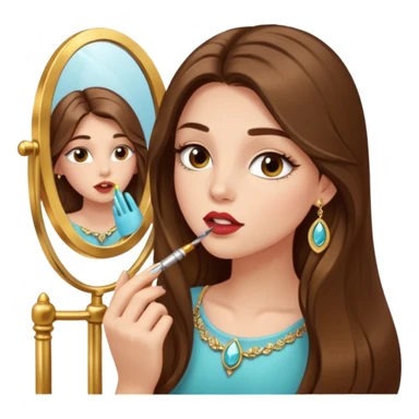 Girl with long brown hair, gold jewelry, and lashes, putting on lipgloss while looking in a mirror  sticker