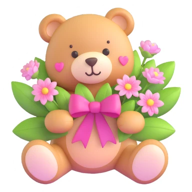 a teddy bear with a pink bow on its head, holding a bouquet of white and pink flowers with green leaves, and small pink hearts floating around sticker