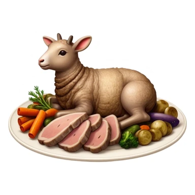 Roast Lamb Cinematic Realistic Roast Lamb Dish Emoji, depicted as thinly sliced roast lamb arranged artfully on a plate, rendered with rich textures and warm, inviting lighting. sticker
