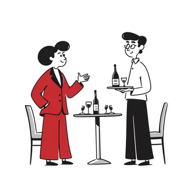 A businessman in a crimson suit with a waiter sticker