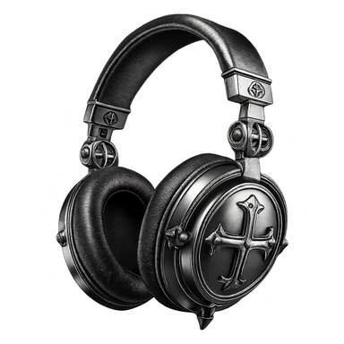 goth headphones, black with metallic details, chrome style sticker