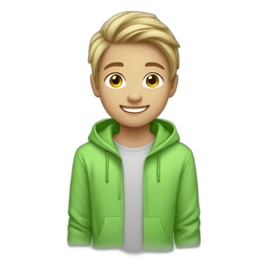 An 11 year old smiling boy with light skin and half long blind hair wearing a light green hoody sticker