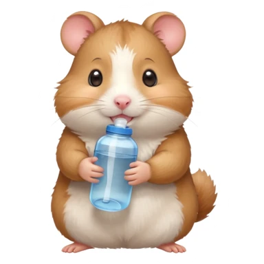 Cute cartoon-style hamster hugging an oversized water bottle, sipping with tiny straw, happy expression. Painterly shading, expressive eyes, white background, sticker-style illustration sticker