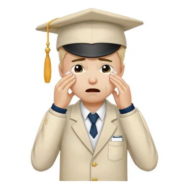 Create an emoji of a student with white skin tone crying. He is wearing a university uniform, including a shirt and pants and hat. The man is visibly upset, with tears streaming down his face, and he is wiping his eyes with his hand. The background should be simple to emphasize his emotional state, conveying the feeling of being overwhelmed with school stress or personal struggles sticker