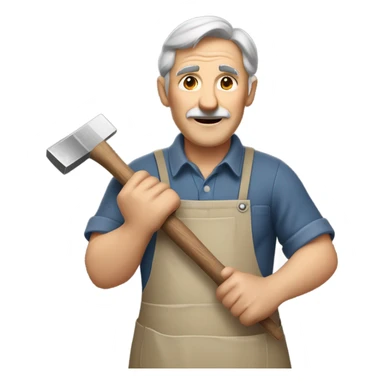 "A older man with rough hands, short light brown hair, and a friendly, naive expression. He wears a work apron over simple clothes and holds a hammer or wood in a rustic workshop." sticker