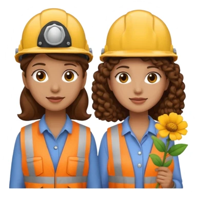 boyfriend and girlfriend couple emoji, both with brown hair, girl with curly hair, both wearing construction helmets and flats, girl holding a flower sticker
