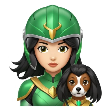 female green power ranger with wasian features, long black hair flowing from helmet, cockapoo dog at her side sticker