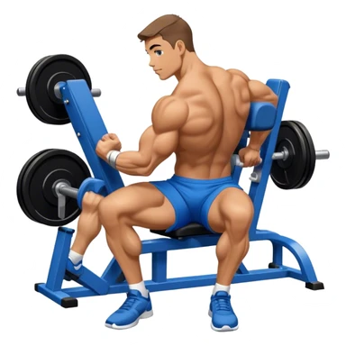 side-view bodybuilder in blue shorts seated weighted calf-raise machine on his tip toes sticker