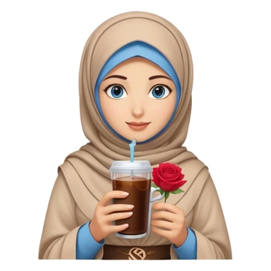 Turkish beautiful finish Konya girl blue eyes with beige hijab islamic dress and had on her hand Rose Cold brew coffee   sticker