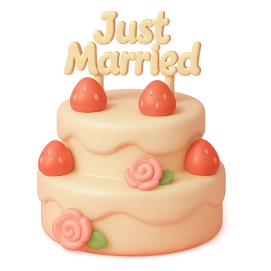 white wedding cake with strawberries, pink roses, 'Just Married' topper, vinyl figure style sticker