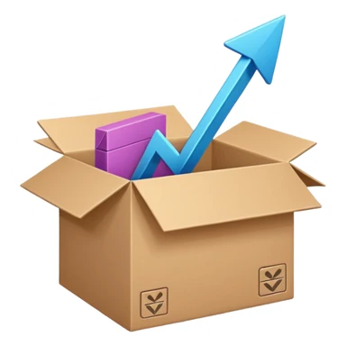 Minimal line-art icon of a shipping box with an arrow going up or a price tag, simple modern style, clean outlines, slightly 3D, no background, transparent, represents “reselling / e-commerce / flipping items” sticker