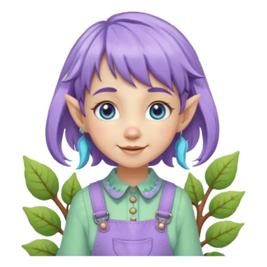 Kind happy whimsical quirky Girl toymaker, wood carving elf. Woodland nature creator. Blue eyes. Short bob, brown wavy hair with bangs. Whimsical playful cute. Overalls with nature embroidered cute shirt collar. Light green, light purple and light blue colour aesthetic  sticker