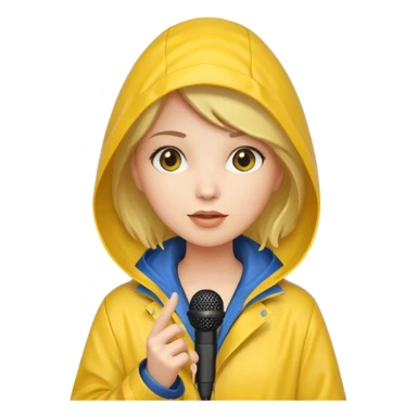 woman with rain coat and microphone sticker
