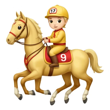 baby riding horse wearing racing cloth yellow number sticker