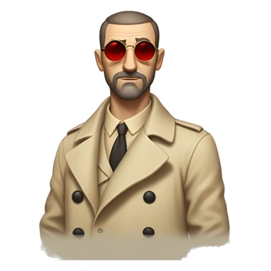 1930s investigator, a Caucasian man with short, buzz cut dark hair and a rough beard, wears tiny red-tinted sunglasses and a dirty beige trench lab coat. He has a serious demeanor. sticker