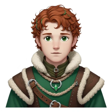 Medieval winter outfit worn by a DnD themed fantasy male character. Rich brown leather-trimmed wool tunic with sheepskin lining, featuring intricate metal buckles at the collar, paired with a heavy braided belt. Clothes only above the waist, full waist coverage. The character has no arms. Character is white-skinned with auburn hair, emerald green eyes, and short curly hair beneath a light dusting of snow. sticker