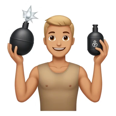 Guy holding up a fake bomb and smiling sticker