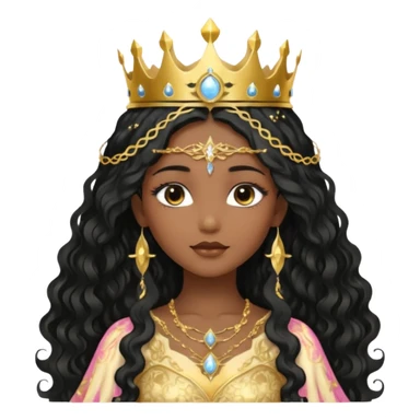 a black beautiful angel with gold pattern on her face and and long wavy black hair, she wears a ethereal crown with sparkling strings and a beautiful sparkling golden gown with moon crest in the middle of the gown, her face calm, gentle and kind, magical aura around her sticker