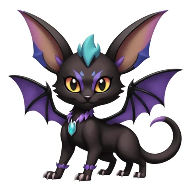Black dark spooky badass cool shiny glossy smooth soft Black edgy Noivern-Noibat-Purloin-Torracat-Lykoi-Caracal-cat-Fakemon-fusion-hybrid-creature with bat wings on head as ears, big fangs, gothic markings sticker