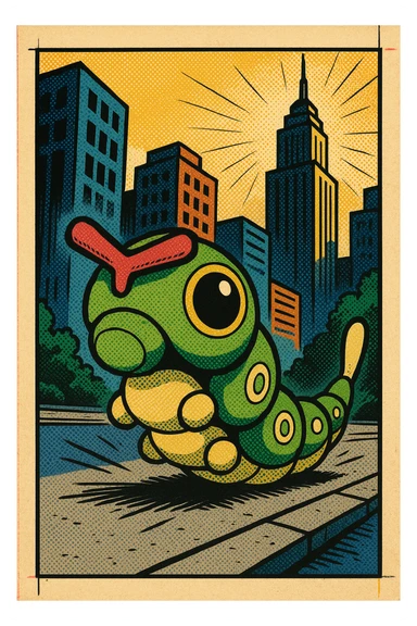 Caterpie exploring a city, modern comic book style sticker
