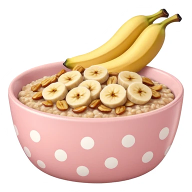 baked oats in a bowl like oat meal with a couple banana slices on top that look a little bit caramelised and a light pink bowl with white polka dots sticker
