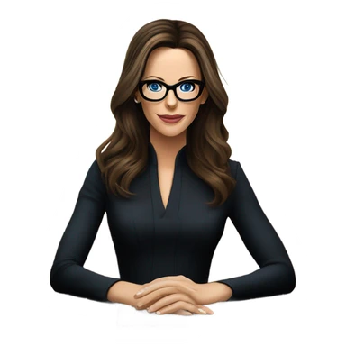 Hyper Realistic photo Kate Beckinsale blue eyes wearing glasses in a business meeting black dress sticker