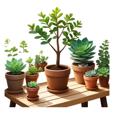 Close-up of a potted sapling in rich soil surrounded by vibrant plants and succulents. Bright sunlight filters through the window, casting soft shadows. Nearby gardening tools rest on a wooden table. Cozy indoor atmosphere with greenery and flowers. sticker